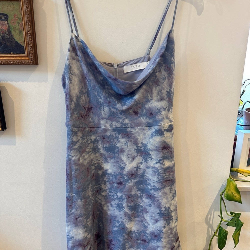 ASTR The Label Tie-Dye Satin Slip Dress in Lavender and Cream